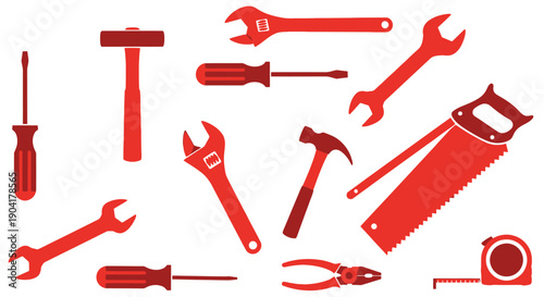 An array of red tools including wrenches screwdrivers hammers saw pliers and a tape measure scattered on a white background