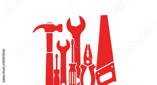 A collection of red silhouette construction tools arranged vertically on a white background
