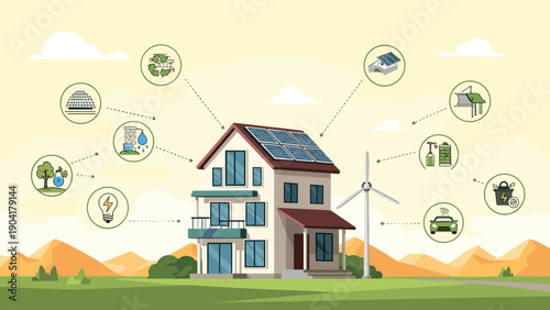 Modern sustainable smart home equipped with solar panels and a wind turbine surrounded by various green energy technology icons.