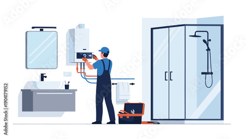 Professional plumber in uniform repairing or installing a white water heater unit in a modern blue tiled bathroom with a shower.