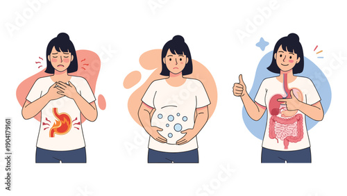 Three illustrations of a woman experiencing different digestive issues including heartburn, bloating, and healthy intestinal function.