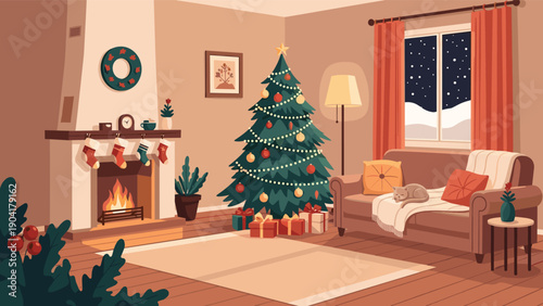Cozy living room interior beautifully decorated for christmas with a lighted tree, gifts, fireplace, and a cat sleeping on the sofa.
