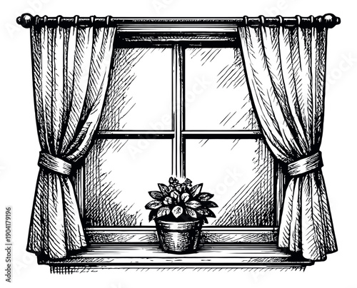 Hand drawn line art illustration of a window with curtains and a potted plant depicting a cozy home interior scene for house decoration