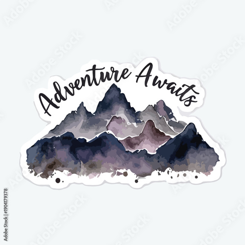 Watercolor mountain range illustration featuring the motivational phrase adventure awaits perfect for outdoor enthusiasts and travelers seeking rugged exploration stickers