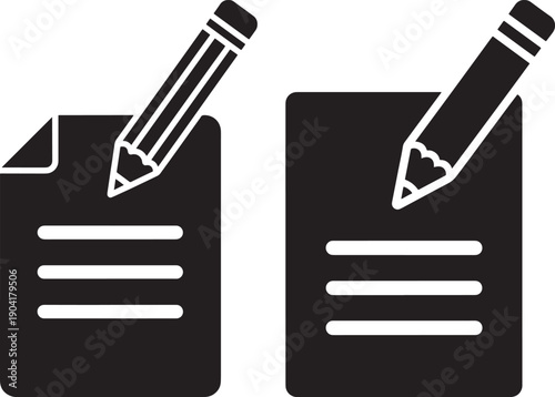 Black icon set of a paper document and a pencil, representing writing, documentation, and note-taking. Simple graphic on white.