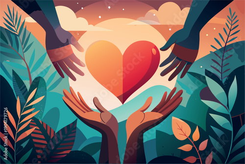 Hands Gently Exchanging Glowing Heart Symbol of Charity and Kindness, Flat Vector Illustration for Give to Gain Concept