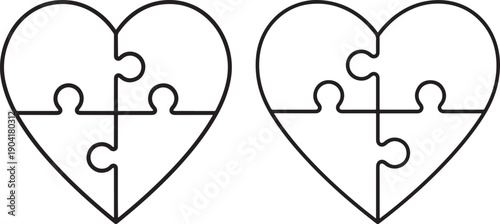 Two heart-shaped puzzle pieces fitting together, representing love, connection, partnership, and relationship. Simple icon on white.