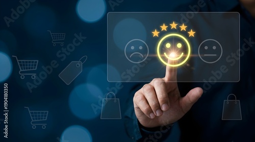 Customer satisfaction concept with a smiling face and five-star rating on a digital interface, symbolizing positive feedback and excellent service in e-commerce.