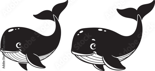 Two cute black silhouette cartoon whales, one with big eyes and a smile, representing marine life, ocean, and friendly sea creatures. Isolated.