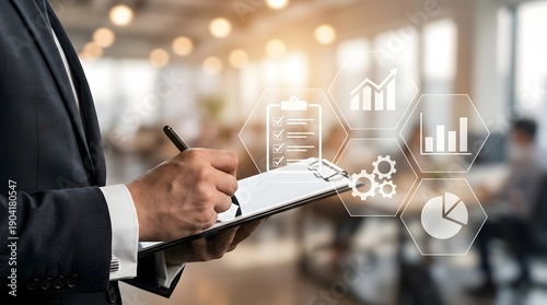 Businessman in suit analyzing data on clipboard with graphs and charts in modern office setting, representing finance, statistics, and corporate strategy.