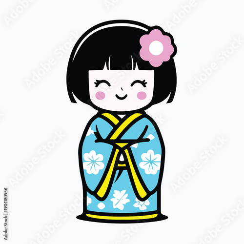 Adorable cartoon illustration of a traditional Japanese kokeshi doll featuring a sweet smiling face and traditional blue kimono design with cherry blossom accents perfect for cultural art.