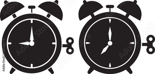 Alarm clock icons with winding keys, representing time, punctuality, deadlines, and waking up for business or study