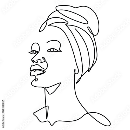 African woman with head turban one line drawing. African woman with head turban single line illustration. African woman with head turban minimalist line art