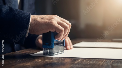 Businessman in suit stamping official documents on a wooden desk with a blue rubber stamp in a professional office setting with papers and sunlight
