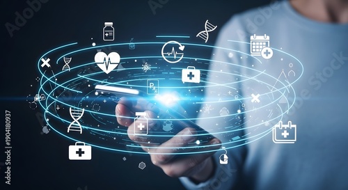 A glowing digital interface representing futuristic healthcare data management hovers over a person's hand.