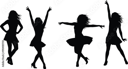 Dancing women silhouettes vector set, female dance poses illustration, party dancer icons, stylish girl dancing silhouettes isolated on white background