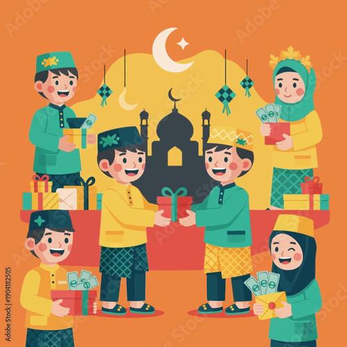 Happy Muslim children exchanging gifts and money packets during Eid al-Fitr celebration with mosque and crescent moon in background.