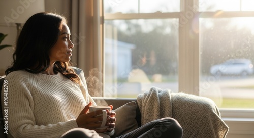 A person in a knit sweater holds a steaming mug while sitting comfortably on a couch by a large window with sunlight streaming in