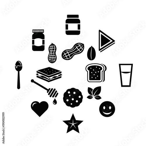 A collection of black and white icons representing ingredients and elements associated with peanut butter and jelly sandwiches, including peanuts, jars, bread, honey, and happy faces.