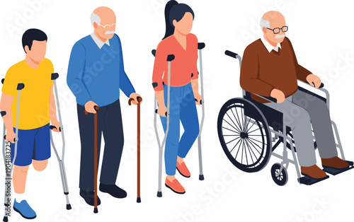 Disability, people, rehabilitation, mobility, crutches, wheelchair, elderly, patient, healthcare, isometric, vector, illustration, injury, recovery, medical, support, assistive, walking, therapy