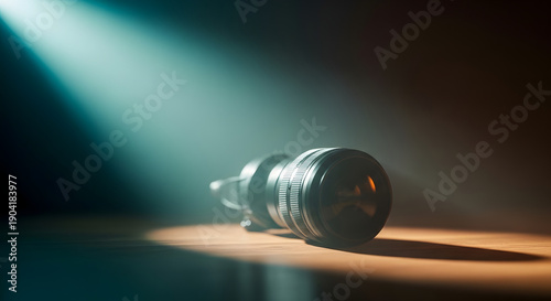 A camera with a long lens as an object exposed to light on a black shadow background
