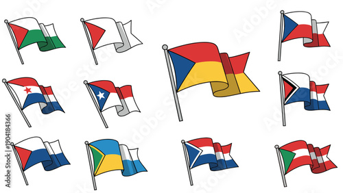Collection of colorful flags of different nations and designs on silver poles, swaying in the wind, isolated on a white background.