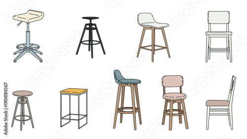 Selection of various seating options including bar stools, swivel chairs, and wooden furniture, depicted in a clean line art style.