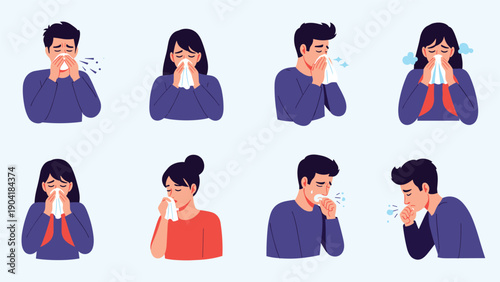Vector illustrations of various people showing symptoms of illness like coughing and sneezing into tissues to prevent spreading.