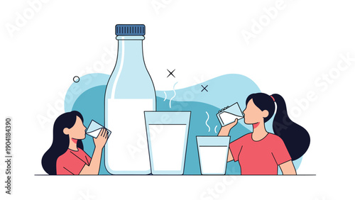 Simple flat illustration of a mother and daughter drinking fresh glasses of milk next to a large bottle on a light blue background.