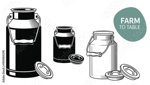 Hand-drawn style illustration of traditional metal milk cans in black and white, featuring a round farm to table label design.