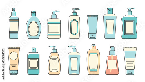 Selection of cosmetic and skincare product containers like pump bottles, tubes, and dispensers in a soft pastel color palette.