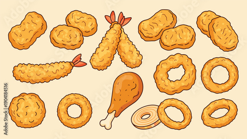 Selection of deep-fried snack foods including chicken nuggets, tempura prawns, onion rings, and a drumstick on a warm background.