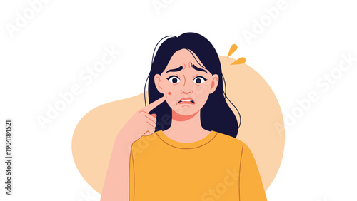 Worried young woman pointing to a red pimple on her cheek, illustrating common skin concerns and acne problems in a flat vector style.