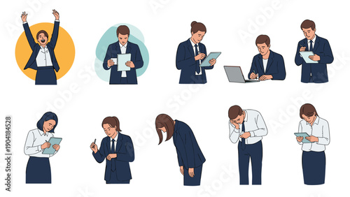 Professional business people depicted in various work-related poses such as working on laptops, taking notes, and bowing formally.