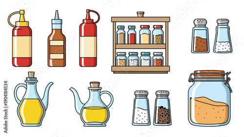 Collection of essential kitchen condiment containers including oil dispensers, spice jars, and salt and pepper shakers in a set.