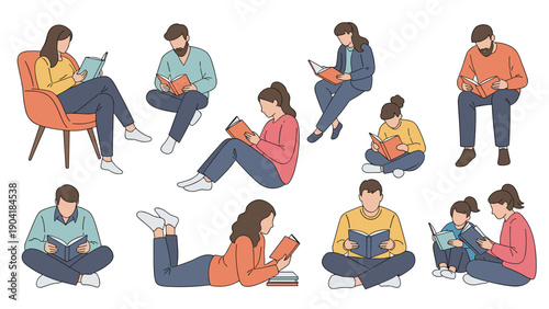 Collection of diverse people in comfortable positions reading books, including sitting on the floor or a chair and lying down.