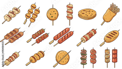 Selection of various asian street foods on sticks including meatballs and sausages, illustrated in a colorful cartoon vector style.