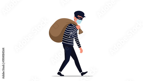 Illustration of a thief wearing a face mask and a striped shirt, carrying a heavy brown sack over his shoulder while walking.