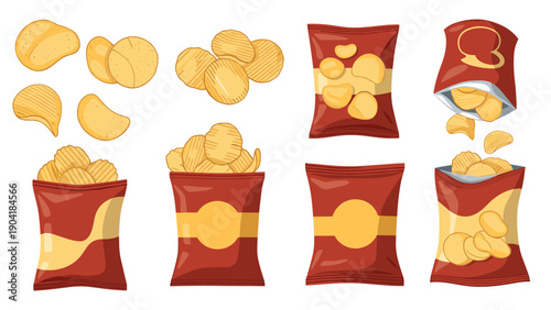Set of potato chips in various stages including single chips, bags of snacks, and chips pouring out for food packaging designs.