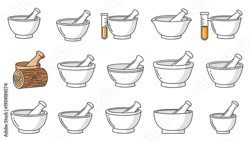 Wide collection of mortar and pestle tools in different shapes and materials, featuring some with laboratory test tube accents.