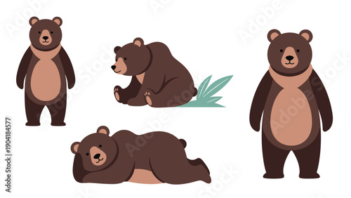 Illustrations of brown grizzly bears shown in several natural poses like standing, sitting, and lying down on a white background.