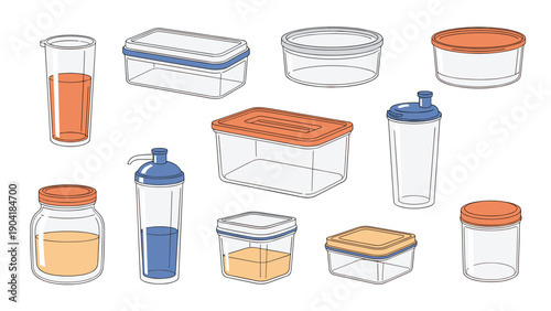 Selection of clear plastic and glass food storage containers with different lids for kitchen organization and meal preparation.