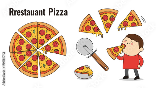 Collection of pizza-themed illustrations featuring a whole pepperoni pie, individual slices, a cutter, and a boy eating a slice.