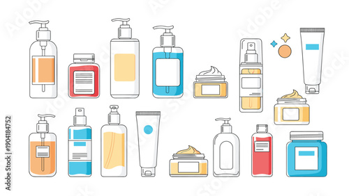 Wide variety of skincare and beauty product packaging including pump bottles, jars of cream, and tubes in a simple vector style.