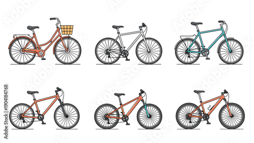 Assortment of different bicycle types including road bikes, mountain bikes, and city cruisers, shown as detailed vector icons.