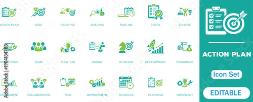 Action plan icon set. featuring strategy, goal setting, task management, timeline, teamwork, development, and planning. Perfect for business, project management, productivity, and performance design