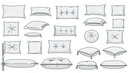 Various styles of pillows and cushions including square, round, and bolsters with different decorative details for home bedding and comfort.