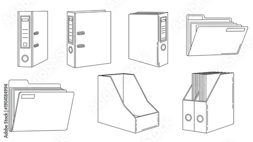 Office stationary organizers set including lever arch binders, document folders, and magazine files for professional workspace organization.