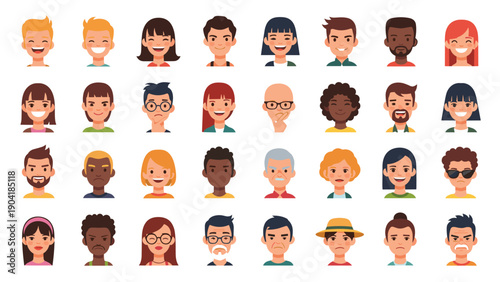 Extensive collection of diverse human face icons and avatars representing various ethnicities, ages, genders, and facial expressions.