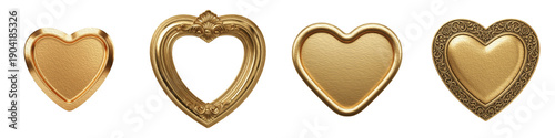 Vászonkép Set of luxury golden heart frames and metallic heart-shaped medallions isolated